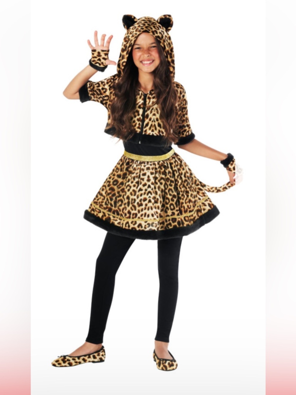Girls Leopard Print Hooded Costume Dress with Gold Accents